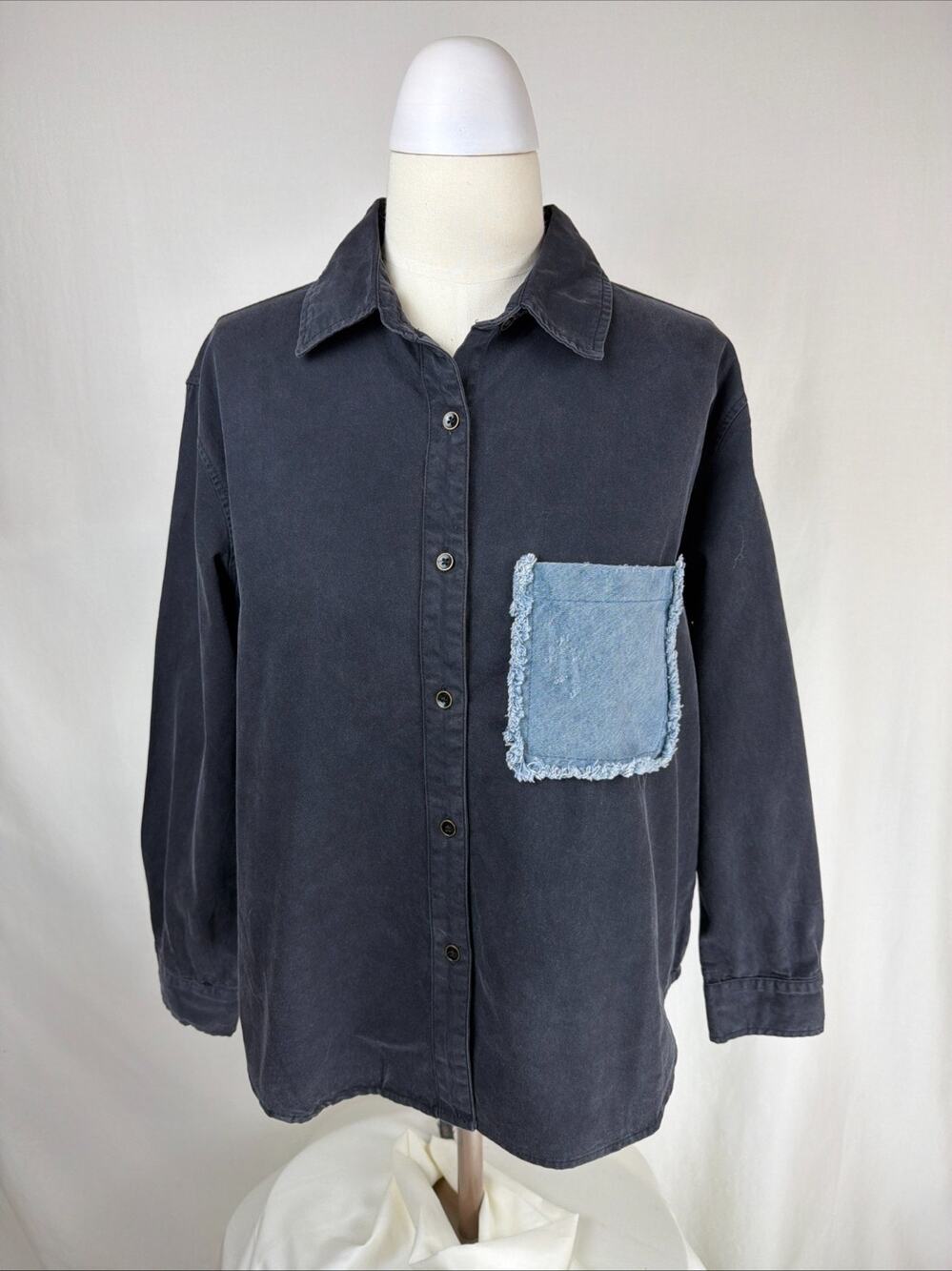 NWT Vintage Havana Button Up Raw Edge Pocket Demin Shirt Smiley Face #0715 SM